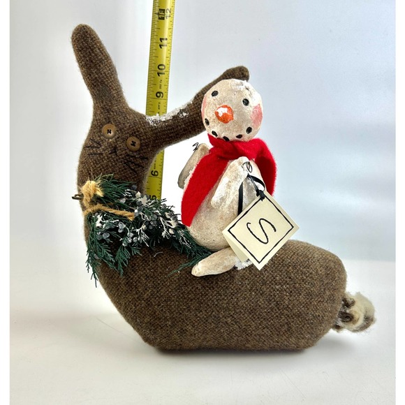 Vintage Snowman Riding A Large Bunny Rabbit Art Piece Soft Sculpture - Picture 8 of 11